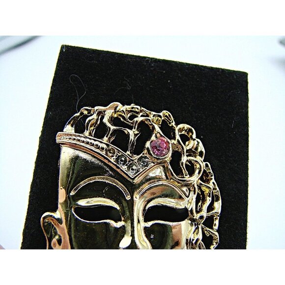 Mardi Gras Thai Style Oriental Mask Brooch Hat Lapel Pin Pink Stone Gothic - Picture 2 of 12